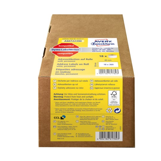 Ilustracja opakowania: Avery Zweckform, Artykuł: AS0722390, Format: 36 x 89 mm, Zastosowanie w drukarce: Drukarki termiczne, Dymo LabelWriter* seria 300, seria 400, seria 450, 4XL, Wireless, Zawartość: 4.680 etykiet / 18 rolek, 260 etykiet/rolka.