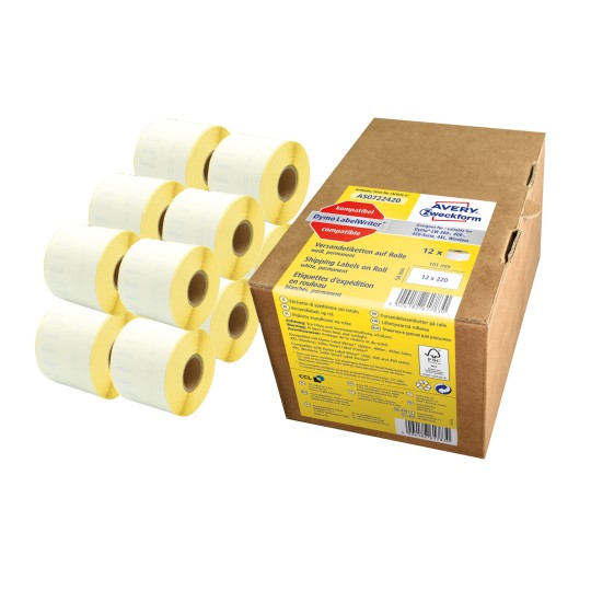 Opakowanie z rolką etykiet: Avery Zweckform etykiety na rolce, artykuł: AS0722420, format: 54 x 101 mm, do druku: drukarki termodrukowe, Dymo LabelWriter* seria 300, 400, 450, 4XL, Wireless, zawartość: 2.640 etykiet / 12 rolek, 220 etykiet/rolka.