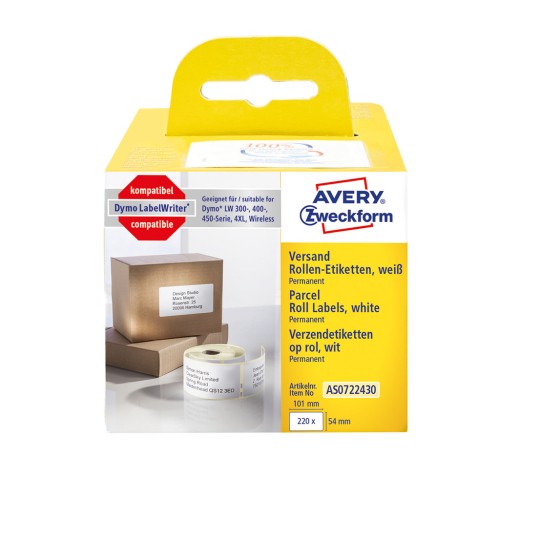 Opakowanie: Avery Zweckform, artykuł: AS0722430, format: 54 x 101 mm, nadaje się do: drukarki termiczne, Dymo LabelWriter* seria 300, seria 400, seria 450, 4XL, Wireless, zawartość: 220 etykiet / 1 rolka, 220 etykiet/rolka?
