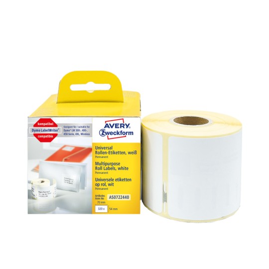 Opakowanie z rolką etykiet: Avery Zweckform Etykiety na rolce, artykuł: AS0722440, format: 54 x 70 mm, drukowanie: drukarka termiczna, Dymo LabelWriter* seria 300, seria 400, seria 450, 4XL, bezprzewodowe, zawartość: 320 etykiet / 1 rolka, 320 etykiet/rolka.