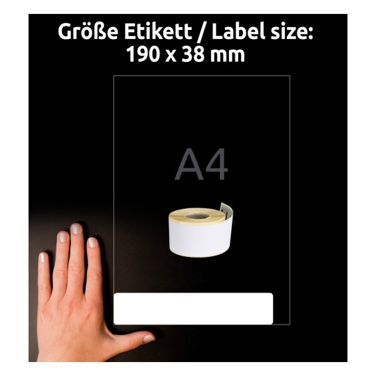 Porównanie wielkości z dłonią, artykuł: AS0722470, arkusz etykiet na rolce, format: 38 x 190 mm, kolor: biały.