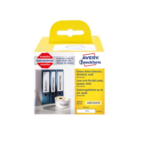 Opakowanie: Avery Zweckform, Artykuł: AS0722470, Format: 38 x 190 mm, Odpowiedni do druku: Drukarki termiczne, Dymo LabelWriter* seria 300, seria 400, seria 450, 4XL, Wireless, Zawartość: 110 etykiet / 1 rolka, 110 etykiet/rolka?