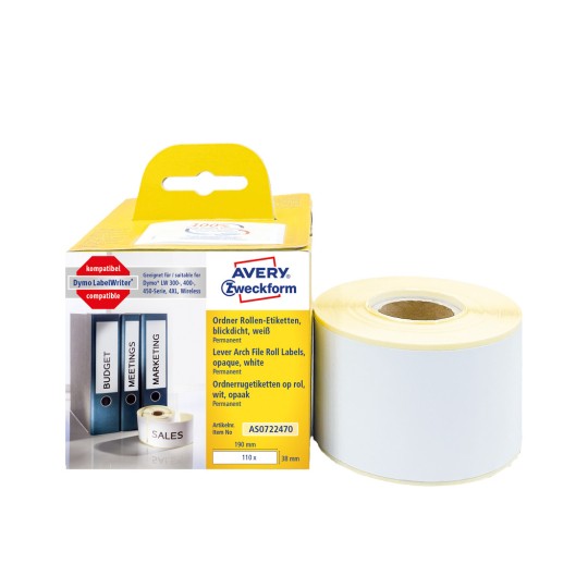 Opakowanie z rolką etykiet: Avery Zweckform Etykiety na rolce, Artykuł: AS0722470, Format: 38 x 190 mm, Druk: Drukarka termiczna, Dymo LabelWriter* seria 300, seria 400, seria 450, 4XL, bezprzewodowa, Zawartość: 110 etykiet / 1 rolka, 110 etykiet/rolka.
