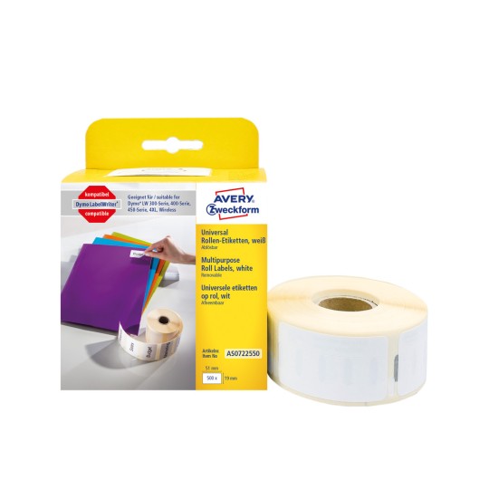 Opakowanie z rolką etykiet: Avery Zweckform Etykiety na rolkach, Artykuł: AS0722550, Format: 19 x 51 mm, Druk odpowiedni: Drukarka termiczna bezpośrednia, Dymo LabelWriter* seria 300, seria 400, seria 450, 4XL, Wireless, Zawartość: 500 etykiet / 1 rolka, 500 etykiet/rolka