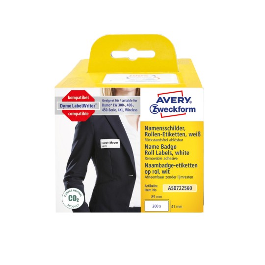 Opakowanie: Avery Zweckform, Artykuł: AS0722560, Format: 41 x 89 mm, Druk: drukarki termiczne, Dymo LabelWriter* seria 300, seria 400, seria 450, 4XL, Wireless, Zawartość: 200 etykiet / 1 rolka, 200 etykiet/rolka?
