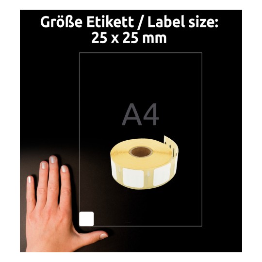 Porównanie wielkości z ręką, artykuł: AS0929120, jeden arkusz etykiet rolowanych, format: 25 x 25 mm, kolor: biały.