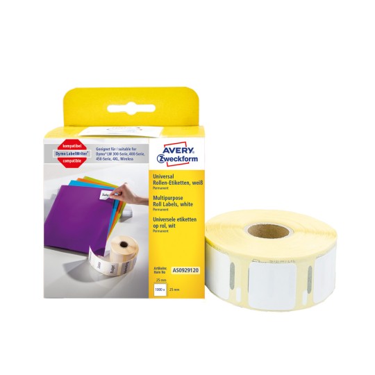 Opakowanie z rolką etykiet: Avery Zweckform etykiety na rolkach, artykuł: AS0929120, format: 25 x 25 mm, odpowiednie dla drukarek: drukarka termiczna, Dymo LabelWriter* seria 300, seria 400, seria 450, 4XL, bezprzewodowa, zawartość: 1.000 etykiet / 1 rolka, 1.000 etykiet/rolka.