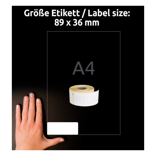 Porównanie wielkości z ręką, artykuł: ASS0722400, jeden arkusz etykiet w rolce, format: 36 x 89 mm, kolor: biały.