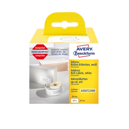 Opakowanie: Avery Zweckform, Artykuł: ASS0722400, Format: 36 x 89 mm, Druk: Drukarki termotransferowe, Dymo LabelWriter* seria 300, 400, 450, 4XL, Wireless, Zawartość: 260 etykiet / 1 rolka, 260 etykiet/rolka?