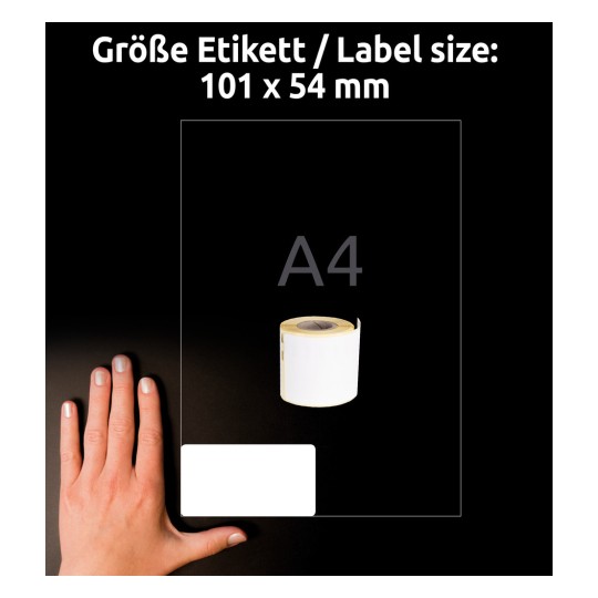 Porównanie wielkości z ręką, artykuł: ASS0722430, jeden arkusz etykiet na rolce, format: 54 x 101 mm, kolor: biały.