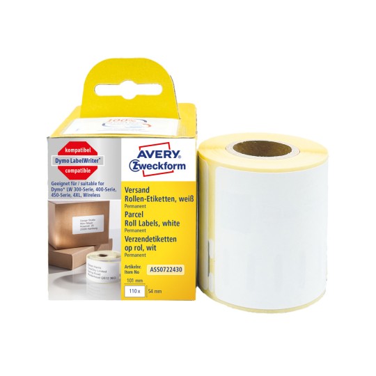 Opakowanie z rolką etykiet: Avery Zweckform Rolki-Etykiety, Artykuł: ASS0722430, Format: 54 x 101 mm, Przystosowanie do drukarek: Drukarki termiczne, Dymo LabelWriter* seria 300, seria 400, seria 450, 4XL, bezprzewodowe, Zawartość: 110 etykiet / 1 rolka, 110 etykiet/rolka.