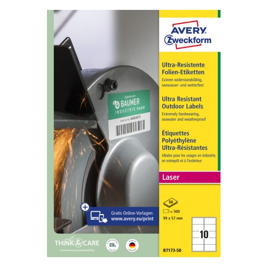 Opakowanie: Avery Zweckform Ultra Wytrzymałe Etykiety Zewnętrzne, Artykuł: B7173-50, Format: 99 x 57 mm, Przydatność do drukowania: laser czarno-biały, laser kolorowy, Zawartość: 500 etykiet / 50 arkuszy, 10 etykiet/arkusz.