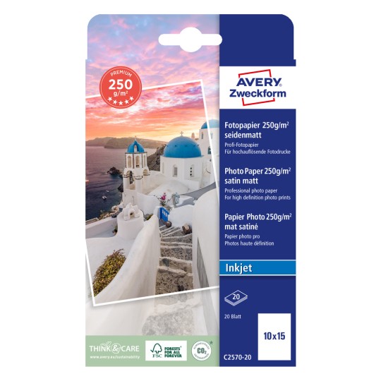 Obraz opakowania: Avery Zweckform Premium Papier fotograficzny do drukarek atramentowych, Artykuł: C2570-20, Format: 100 x 150 mm, Odpowiednie do druku: atramentowego, Zawartość: 20 arkuszy
