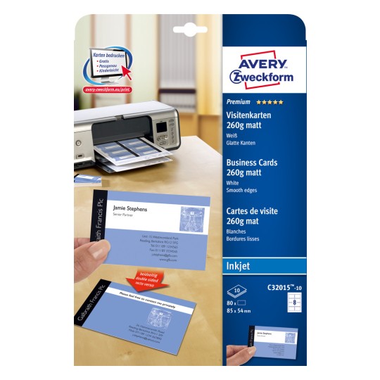 Opakowanie: Avery Zweckform Inkjet, Artykuł: C32015-10, Format: 85 x 54 mm, Nadaje się do druku: Inkjet, Zawartość: 80 kart / 10 arkuszy, 8 kart/arkusz.