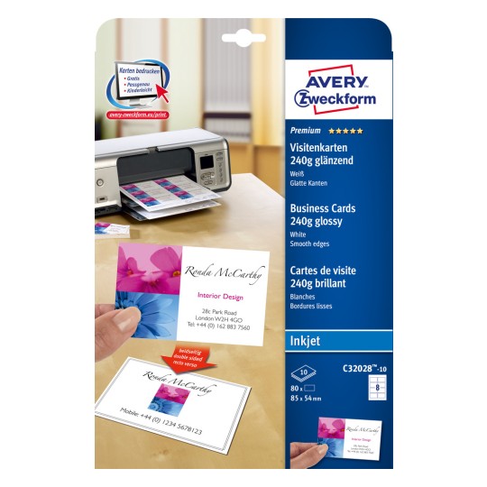 Obraz opakowania: Avery Zweckform Inkjet, Artykuł: C32028-10, Format: 85 x 54 mm, Odpowiednia dla drukarek: Inkjet, Zawartość: 80 kart / 10 arkuszy, 8 kart/arkusz?