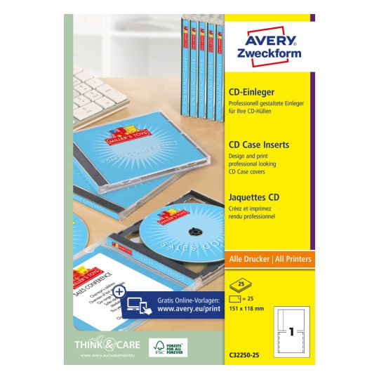 Opakowanie: Avery Zweckform wkładki do CD, Artykuł: C32250-25, Format: 151 x 118 mm, Zdatność do drukowania: Inkjet, laser czarno-biały, kolorowy laser, Zawartość: 25 arkuszy.