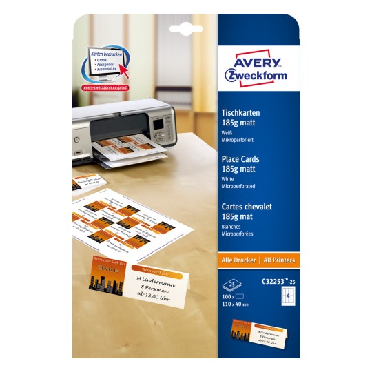Opakowanie: Avery Zweckform Wizytówki stołowe, Artykuł: C32253-25, Format: 110 x 40 mm, Przeznaczenie: Inkjet, kolorowy laser, czarno-biały laser, kserokopiarka, Zawartość: 100 kart / 25 arkuszy, 4 karty/arkusz