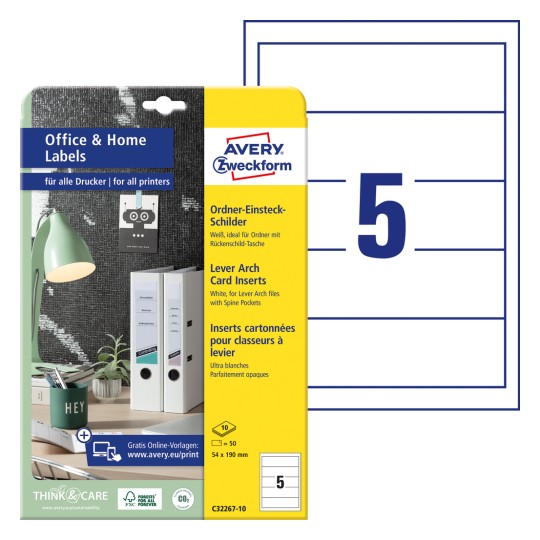 Opakowanie z arkuszem kart: Avery Zweckform etykiety do segregatorów, Home Office, małe opakowanie, artykuł: C32267-10, format: 54 x 190 mm, zgodność z drukarkami: Inkjet, laser czarno-biały, kolorowy laser, zawartość: 50 sztuk / 10 arkuszy, 5 sztuk/arkusz.