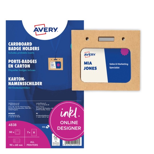 Opakowanie kartonowych holderów na identyfikatory Avery z przykładowym identyfikatorem i dużą cyfrą 8?