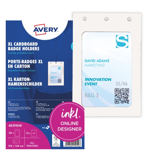 Opakowanie kartonowych holderów na identyfikatory Avery XL z przykładowym identyfikatorem i dużą cyfrą 4?