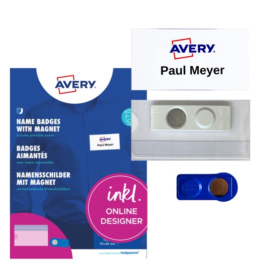 Zestaw identyfikatorów imiennych Avery z magnetycznymi identyfikatorami, wkładkami i niebieskim opakowaniem?