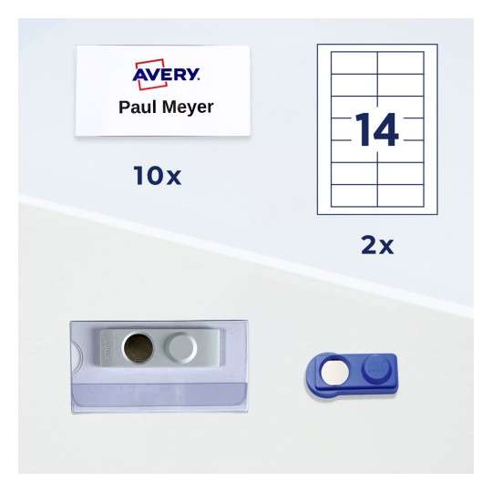 Identyfikator imienny Avery z napisem „Paul Meyer”, schemat arkusza etykiet, plastikowa oprawka na identyfikator i zapięcie magnetyczne?