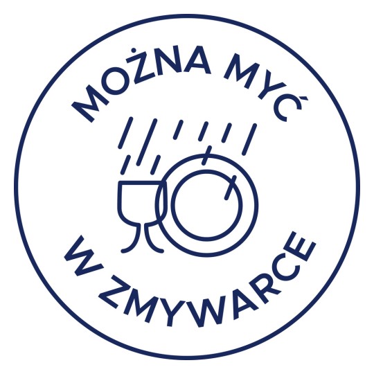 Obraz przedstawia okrągły symbol wskazujący, że przedmioty można myć w zmywarce. Obejmuje on kieliszek do wina i talerz z kroplami lub rozpryskami wody, wraz z tekstem 'MOŻNA MYĆ W ZMYWARCE', co w języku polskim oznacza 'Can be washed in a dishwasher'.