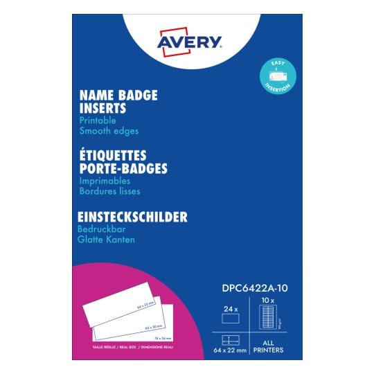 Opakowanie: Avery Zweckform, Produkt: DPC6422A-10, Format: 22 x 64 mm, Zastosowanie do drukarek: Laser czarno-biały, kolorowy laser, atramentowy, laser, kopiarki, Zawartość: 240 wsuwek / 10 arkuszy.