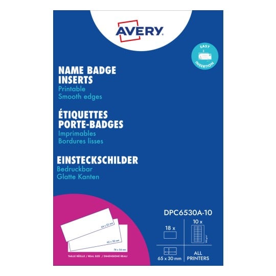 Opakowanie: Avery Zweckform, Artykuł: DPC6530A-10, Format: 30 x 65 mm, Nadaje się do druku: laser czarno-biały, kolorowy laser, inkjet, laser, kserokopiarka, Zawartość: 180 etykiet do kieszeni / 10 arkuszy, /arkusz?