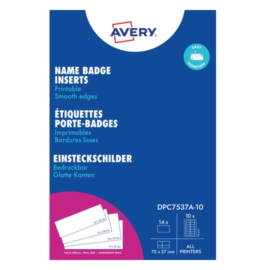 Opakowanie wkładek do identyfikatorów imiennych Avery z niebieskim tłem i szczegółami produktu?