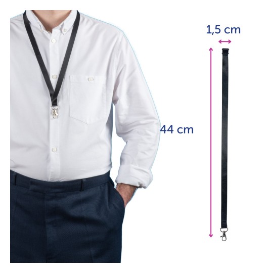 Obraz przedstawia osobę ubraną w białą koszulę i czarną smycz, która ma oznaczone wymiary: 44 cm długości i 1,5 cm szerokości, co sugeruje, że jest używana do noszenia identyfikatorów lub plakietek.