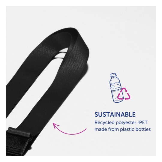 Obraz przedstawia czarny pasek z napisem 'SUSTAINABLE' wykonany z poliestru z recyklingu rPET, zawierający ilustrację butelki plastikowej i strzałek recyklingu. Podkreśla korzyści ekologiczne wynikające z ponownego wykorzystania plastiku.