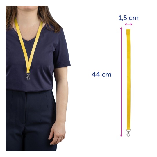Obraz przedstawia osobę ubraną w granatową koszulę z żółtą smyczą na szyi. Smycz ma wymiary: 44 cm długości i 1,5 cm szerokości.