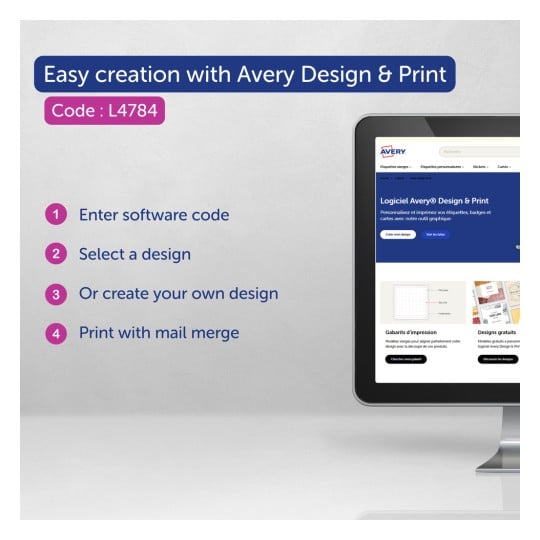 Obraz promuje łatwe tworzenie przy użyciu oprogramowania Avery's Design & Print, dostarczając instrukcje dotyczące korzystania z oprogramowania na podstawie określonego kodu. Obejmuje kroki wprowadzania kodu oprogramowania, wybierania projektu, tworzenia niestandardowego projektu i drukowania z użyciem korespondencji seryjnej.