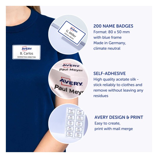 Obraz przedstawia niebieską koszulę z identyfikatorem noszącym napis „B. Carlos, Dyrektor Marketingu.” Zawiera szczegóły dotyczące samoprzylepnych identyfikatorów Avery, które są dostępne w opakowaniu po 200 sztuk, ich wymiary oraz instrukcje użytkowania.
