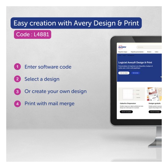 Obraz przedstawia instrukcje dotyczące korzystania z oprogramowania Avery Design & Print na ekranie komputera. Wyjaśnia, jak wprowadzić kod oprogramowania, wybrać lub stworzyć projekt oraz drukować z wykorzystaniem łączenia korespondencji.