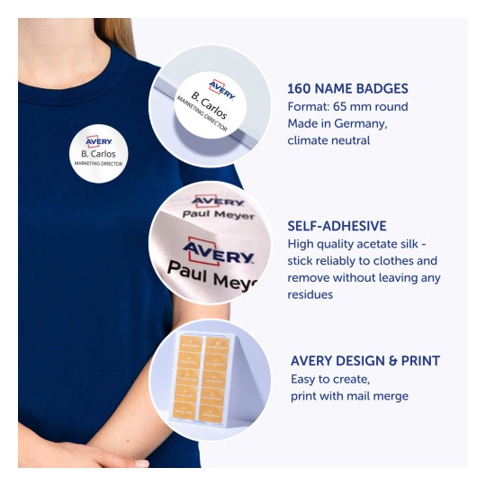 Obraz przedstawia identyfikatory dla produktów Avery, z osobą ubraną w niebieską koszulę, z widocznym identyfikatorem z napisem „B. Carlos, DYREKTOR MARKETINGU”. Projekt zawiera informacje o identyfikatorach, takie jak ilość, materiał i cechy, takie jak samoprzylepność i łatwe drukowanie.
