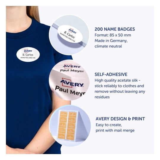 Obraz przedstawia identyfikatory na koszuli, podkreślając cechy samoprzylepnych identyfikatorów firmy Avery oraz produkty, w tym opcje personalizacji.