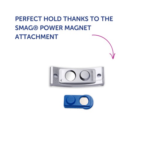 Obraz przedstawia dwa magnetyczne uchwyty do urządzenia. Jeden jest większy i srebrny, podczas gdy mniejszy jest niebieski. Tekst promuje zaczep magnetyczny SMAG® Power Magnet dla doskonałego trzymania.
