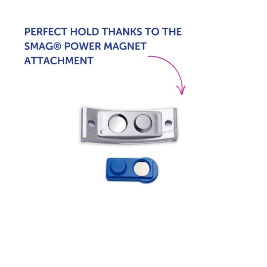 Obraz przedstawia ilustrację produktu - magnetycznych uchwytów SMAG®, ukazując srebrno-niebieski design. Tekst podkreśla, że zapewniają doskonałe trzymanie.