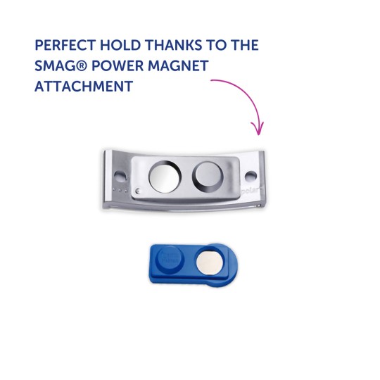Obraz przedstawia przystawkę SMAG® Power Magnet, ukazując metaliczne mocowanie z dwoma okrągłymi otworami i niebieskim komponentem magnetycznym zapewniającym pewne trzymanie.