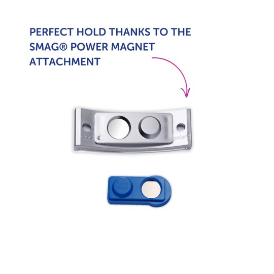 Obraz przedstawia przystawkę SMAG® Power Magnet, składającą się ze srebrnego elementu magnetycznego i niebieskiej przystawki magnetycznej, z tekstem podkreślającym doskonałą funkcjonalność utrzymania.