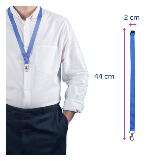 Obraz przedstawia osobę ubraną w białą koszulę z niebieską smyczą na szyi, która ma klips na końcu. Smycz ma 44 cm długości i 2 cm szerokości.