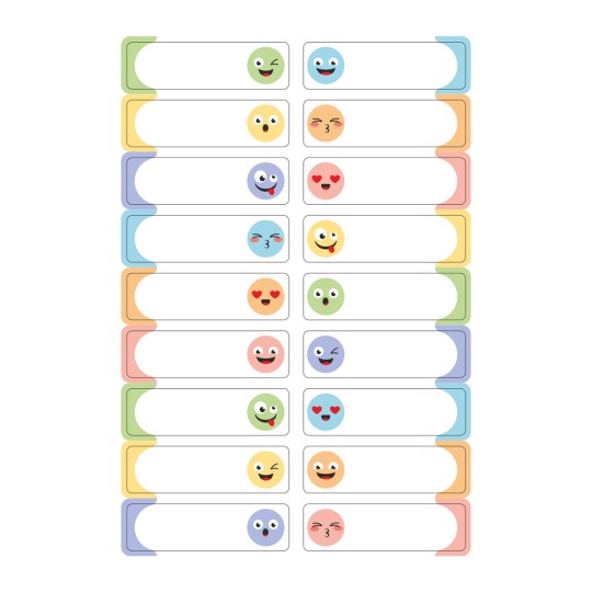 Obraz przedstawia siatkę twarzy emoji ukazujących różne emocje, z pustymi miejscami na tekst lub etykiety pod każdym emoji.