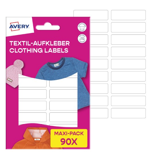 Obraz przedstawia opakowanie etykiet odzieżowych Avery z napisem „Textil-Aufkleber Clothing Labels” i różowym tłem z przykładami elementów odzieży oraz pustymi szablonami etykiet.