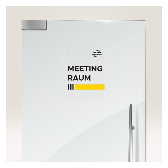 Obraz przedstawia drzwi z napisem 'MEETING RAUM III', obok żółtego paska i logo 'Avery Zweckform'.