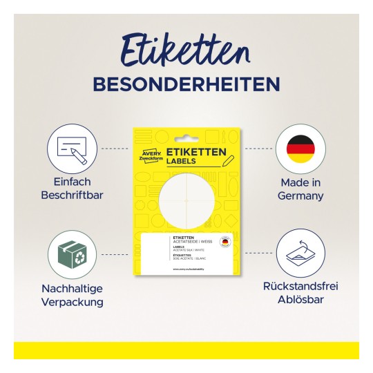 Obraz przedstawia opakowanie produktu z etykietami Avery Zweckform. Podkreślono kluczowe cechy, takie jak łatwe etykietowanie, produkowane w Niemczech, zrównoważone opakowanie oraz etykiety usuwalne, z ikonami wizualnymi reprezentującymi każdą cechę.
