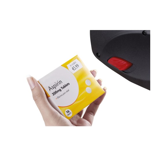 Obraz przedstawia rękę trzymającą pudełko tabletek aspiryny 300 mg w cenie 5,99 €, w tle znajduje się skaner kodów kreskowych.
