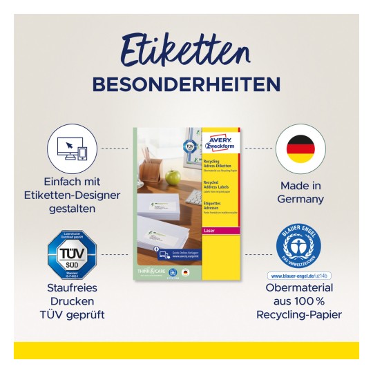 Obraz przedstawia reklamę produktów etykiet adresowych do recyklingu Avery, podkreślając cechy takie jak wykonanie w 100% z papieru z recyklingu oraz certyfikat TÜV dla drukarek laserowych. Zawiera narzędzie do projektowania umożliwiające łatwą personalizację.
