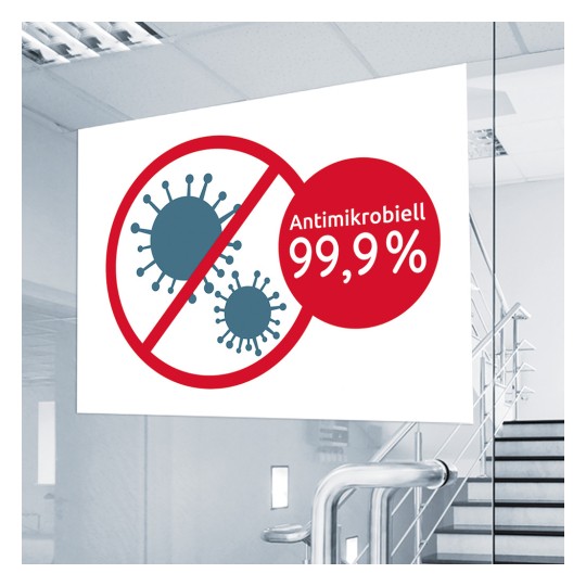 Obraz przedstawia znak wskazujący na 99,9% właściwości antybakteryjne, z grafiką wirusów przekreślonych czerwonym okręgiem i ukośną linią.